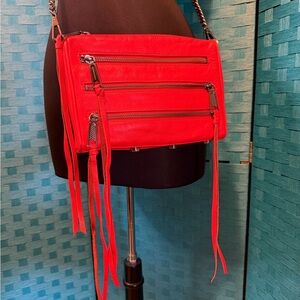 Rebecca Minkoff Mini Zip Hot Orange Leather Crossbody Bag Purse Chain Strap